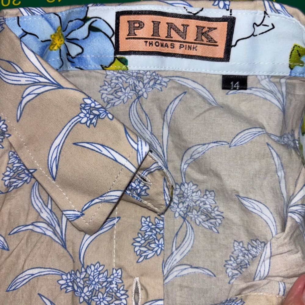 Thomas Pink Women Tan Blue Floral Cotton Button Down Shirt Blouse Size 14 - Picture 3 of 11